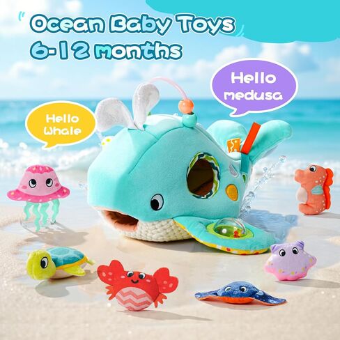 Koty Baby Toys 6-12 Months, Montessori Sensory Toys,My First Ocean Whale House Toy with 6 Sea Animals | Bell Shell, Squeaky Seahorse & Crinkle Paper | Baby Gift in Kuwait