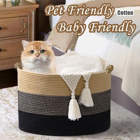 سلة بطانية كبيرة ، 20 "x13" سلال التخزين المنسوجة مع مقبض ، غرفة معيشة سلة بطانية حبل القطن ، غسيل الطفل عائق للبطانية ، الحضانة ، لعبة ، وسادة (أبيض ونيون) in Kuwait