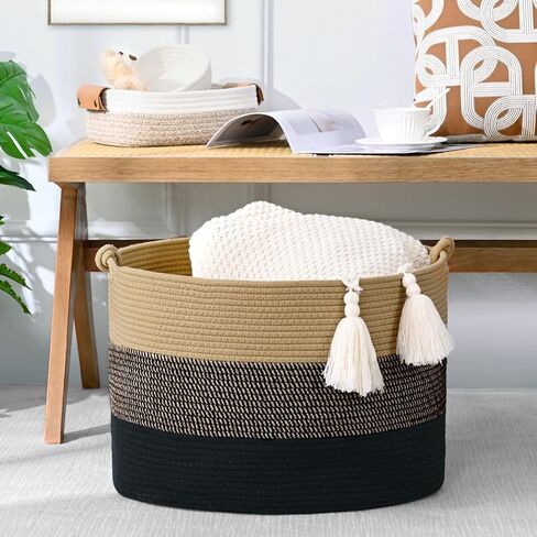 سلة بطانية كبيرة ، 20 "x13" سلال التخزين المنسوجة مع مقبض ، غرفة معيشة سلة بطانية حبل القطن ، غسيل الطفل عائق للبطانية ، الحضانة ، لعبة ، وسادة (أبيض ونيون) in Kuwait