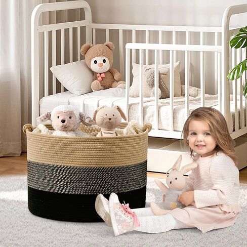 سلة بطانية كبيرة ، 20 "x13" سلال التخزين المنسوجة مع مقبض ، غرفة معيشة سلة بطانية حبل القطن ، غسيل الطفل عائق للبطانية ، الحضانة ، لعبة ، وسادة (أبيض ونيون) in Kuwait