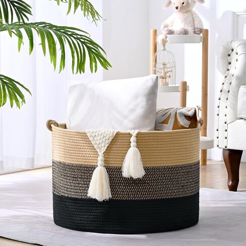 سلة بطانية كبيرة ، 20 "x13" سلال التخزين المنسوجة مع مقبض ، غرفة معيشة سلة بطانية حبل القطن ، غسيل الطفل عائق للبطانية ، الحضانة ، لعبة ، وسادة (أبيض ونيون) in Kuwait