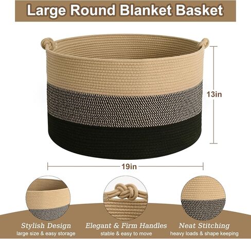 سلة بطانية كبيرة ، 20 "x13" سلال التخزين المنسوجة مع مقبض ، غرفة معيشة سلة بطانية حبل القطن ، غسيل الطفل عائق للبطانية ، الحضانة ، لعبة ، وسادة (أبيض ونيون) in Kuwait