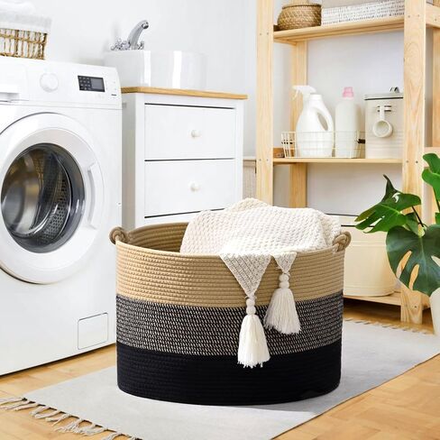 سلة بطانية كبيرة ، 20 "x13" سلال التخزين المنسوجة مع مقبض ، غرفة معيشة سلة بطانية حبل القطن ، غسيل الطفل عائق للبطانية ، الحضانة ، لعبة ، وسادة (أبيض ونيون) in Kuwait