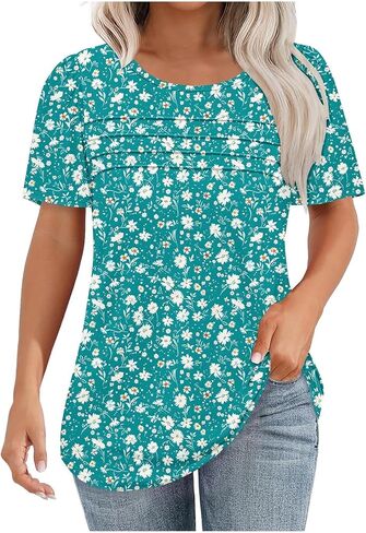 Womens T Shirts Short Sleeve Pleated Front Scoop Neck Tops Dressy Casual Blouses Spring Summer Cute Print Tees in Saudi Arabia