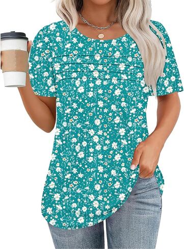 Womens T Shirts Short Sleeve Pleated Front Scoop Neck Tops Dressy Casual Blouses Spring Summer Cute Print Tees in Saudi Arabia