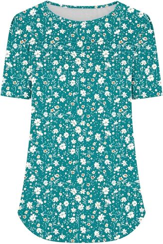 Womens T Shirts Short Sleeve Pleated Front Scoop Neck Tops Dressy Casual Blouses Spring Summer Cute Print Tees in Saudi Arabia