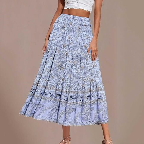 Boho Floral Pleated Long Skirts for Women Summer Casual Elastic High Waisted Skirts A-Line Flowy Swing Maxi Skirt in Saudi Arabia