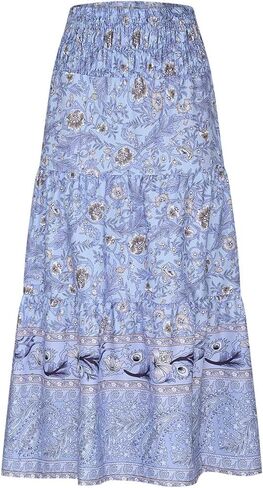 Boho Floral Pleated Long Skirts for Women Summer Casual Elastic High Waisted Skirts A-Line Flowy Swing Maxi Skirt in Saudi Arabia