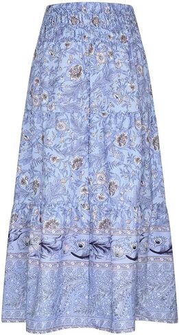 Boho Floral Pleated Long Skirts for Women Summer Casual Elastic High Waisted Skirts A-Line Flowy Swing Maxi Skirt in Saudi Arabia