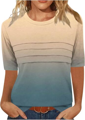Womens Tops Dressy Casual Crewneck Pleated Front Blouse Summer Half Sleeve Tunic Tshirt Elbow Length Tee Shirt in Saudi Arabia