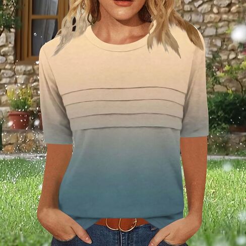 Womens Tops Dressy Casual Crewneck Pleated Front Blouse Summer Half Sleeve Tunic Tshirt Elbow Length Tee Shirt in Saudi Arabia