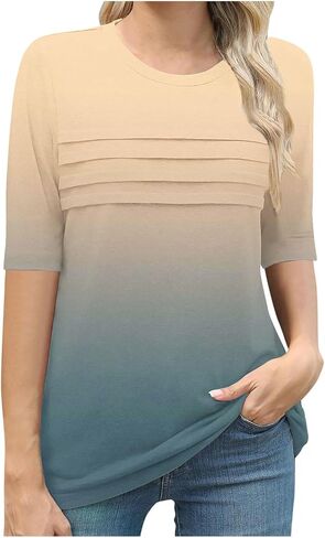Womens Tops Dressy Casual Crewneck Pleated Front Blouse Summer Half Sleeve Tunic Tshirt Elbow Length Tee Shirt in Saudi Arabia