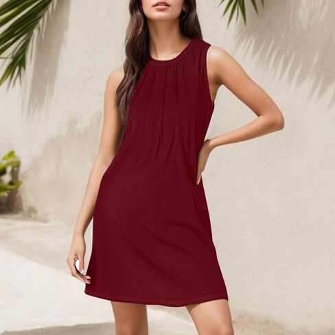 Women Summer Solid Color Beach Fashion Elegant Floating Mid Length Round Neck Sleeveless Dress Dresses in Women in Saudi Arabia
