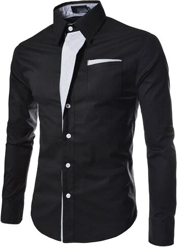 Mens Long Sleeve Stylish Dress Shirts Patchwork Casual Button Down Shirts Turn-Down Collar Shirt Top with Pockets (White,X-Large) in Saudi Arabia