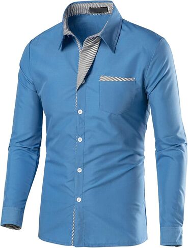 Mens Long Sleeve Stylish Dress Shirts Patchwork Casual Button Down Shirts Turn-Down Collar Shirt Top with Pockets (White,X-Large) in Saudi Arabia