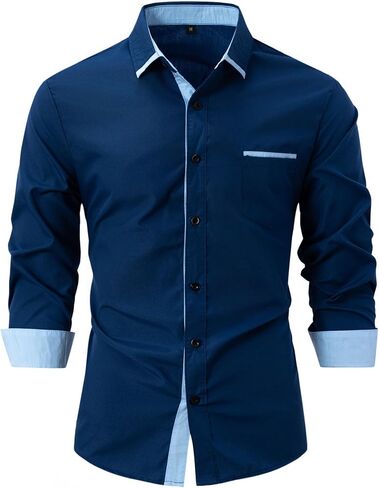 Mens Long Sleeve Stylish Dress Shirts Patchwork Casual Button Down Shirts Turn-Down Collar Shirt Top with Pockets (White,X-Large) in Saudi Arabia