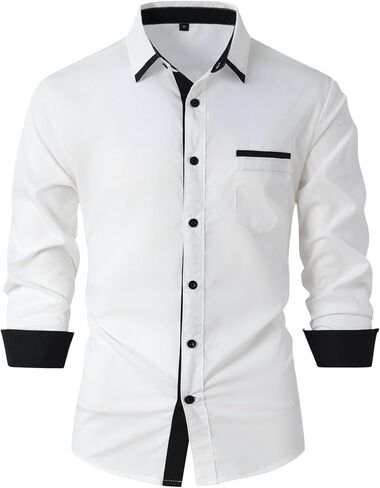 Mens Long Sleeve Stylish Dress Shirts Patchwork Casual Button Down Shirts Turn-Down Collar Shirt Top with Pockets (White,X-Large) in Saudi Arabia