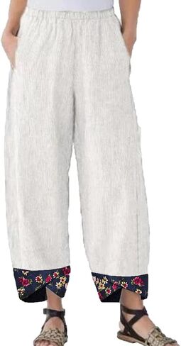 Maiyifu-GJ Women's Printed Linen Wide Leg Pants Summer Elastic Waist Beach Harem Trousers Lightweight Cropped Bottoms Pants in Saudi Arabia