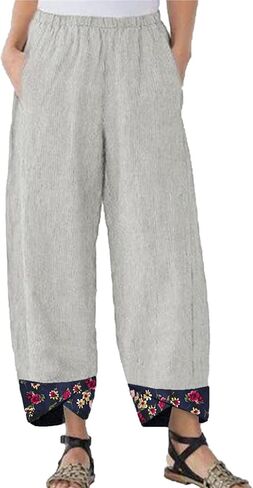 Maiyifu-GJ Women's Printed Linen Wide Leg Pants Summer Elastic Waist Beach Harem Trousers Lightweight Cropped Bottoms Pants in Saudi Arabia