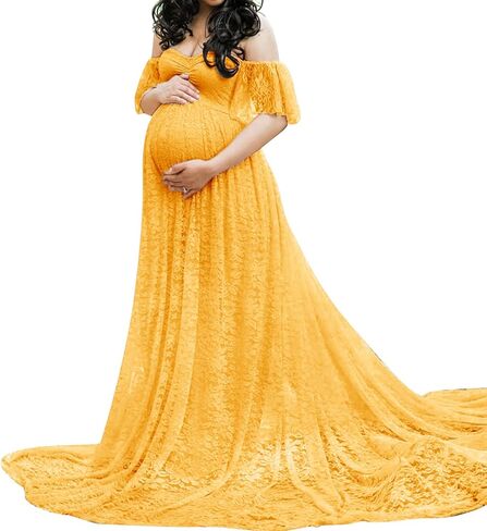 Maternity Floral Lace Dress Off Shoulder Maxi Photography Dress Fancy Pregnancy Gown for Daily Wearing Baby Shower Photoshoot in Kuwait