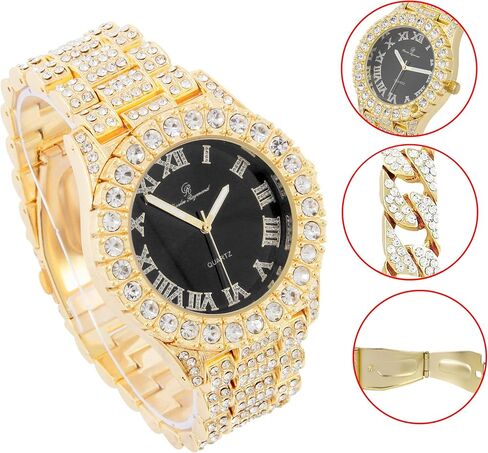 Charles Raymond Mens Silver Big Rocks with Roman Numerals Fully Iced Out Colorful Dial Watch w/Bling'ed Out Cuban Shiny Silver Bracelet - ST10327 RN Cuban in Kuwait