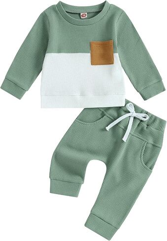 Toddler Baby Boy Fall Clothes Waffle Contrast Color Sweatshirt Pants Sets Infant Winter Outfits 6 12 18 24 Months in Saudi Arabia