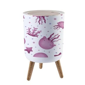 Trash Can with Lid Mushroom animals repeat Nursery art Children s fabric design Cute Press Top Round Small Garbage Bin with Wooden Legs Waste Basket for Kitchen Bedroom Nursery 7L/1.8 Gallon