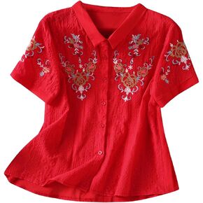 Linen Shirts for Women Cotton Floral Embroidery Button Up Shirt Short Sleeve Roll Up Loose Casual Work Blouse Tops