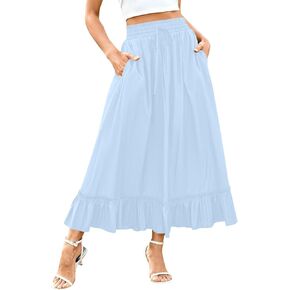 Womens Maxi Skirt Summer Trendy Drawstring Elastic High Waisted Casual Beach Flowy Swing Long Skirts with Pockets