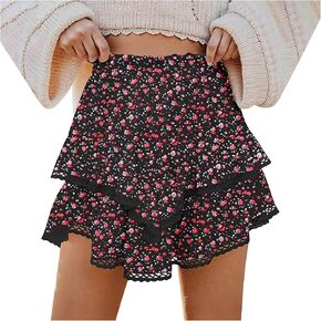 Women's High Waist Ruffle Flowy Mini Skirts Stretchy High Waist Boho Floral Layered Pleated Casual Beach Short Skirt