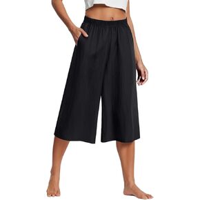 Women's Comfy Loose Elastic Waist 3/4 Capri Harem Pants with Pockets Beach Summer Wideleg Slacks