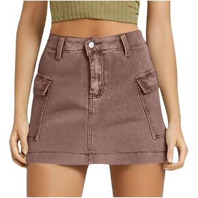 Women's Jean Skirt High Waisted Stretch Casual Summer Mini Skort Trendy Low Waist Cargo Denim Skirts with Pockets