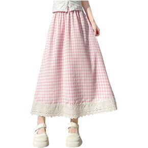 Gingham Long Skirts for Women Lace Lolita Maxi Plaid Skirt A Line High Waist Summer Casual Trendy Cute Skirts