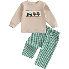 Toddler Baby Boy Halloween Clothes Pumpkin Tractor Embroidery Long Sleeve Sweatshirt Plaid Pants Set 2 Piece Outfit