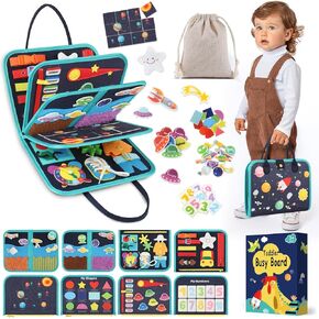Toddler Sensory Busy Board: Travel Toy Activity Book for Girls Boys, Motor Skill Development Gift for Baby Aged 3-4 Years, Fine Educational Preschool Montessori Learning Toy for Car Airplane Dinosaur