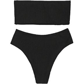 JEsilunmaMY Strapless Bikini Sets for Women Solid Color High Waist Bandeau Swimsuits 2 Piece Wrap Ribbed Bathing Suit