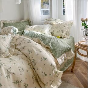 Cotton Small Flowers Printing lace Ruffle Bedding Set Simple Fresh Flowers Single Duvet Cover Set Sheet Set Pillowcase Bed Four Pieces Set(3)