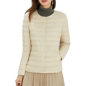 JEsilunmaMY Womens Crewneck Puffer Jacket Long Sleeve Button Down Ultra Light Down Coats Solid Color Slim Fall Winter Outwear (Grey,Medium)