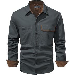 Men's Long Sleeve Washed Hiking Shirts Lightweight Tactical Button Down Cargo Shirts Solid Slim Shirt with Pockets