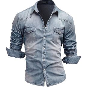 Maiyifu-GJ Men's Long Sleeve Denim Shirt Casual Button-Down Western Regular Fit Shirts Slim Fit Washed Jean Shirt