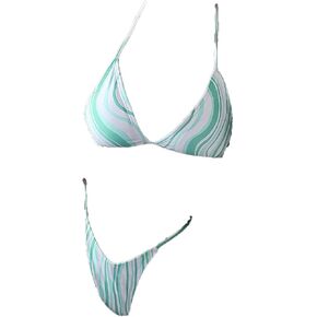 Women'S Sexy Halter Thong Bikini String Triangle Cup High Cut Swimsuit Tie Dye Tie Two Sides Bottom Bikini Swimsuits