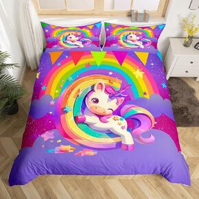Erosebridal Girls Unicorn Toddler Bedding Set Monogrammed Initial Letter M Comforter Cover for Children Kids Cartoon Rainbow Unicorn Bed Set Personalized Starry Sky Quilt Cover with 1 Pillow Case