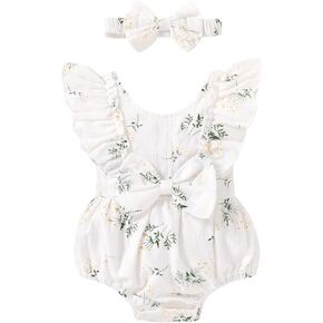 YOUNGER TREE Newborn Baby Girl Clothes Ruffle Sleeve Rompers Infant Backless Floral Jumpsuit Summer Outfits with Headband