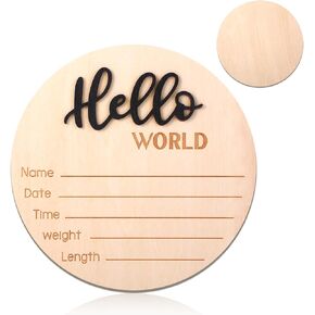 Wooden Baby Announcement Sign, 5.9 Inch Hello World Newborn Sign, Hospital Birth Stat Plaque, Hospitals, Homes, Nurseries, Suitable for Newborn Boys and Girls, Birth Souvenir (White)