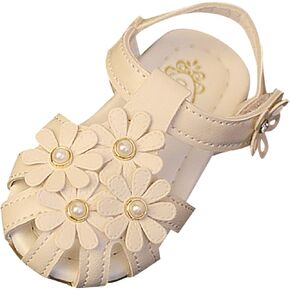 Infant Baby Girl Closed Toe Breathable Hollow Stripes Sandal 3d Flowers Decorated Pu Princess Flat Shoes