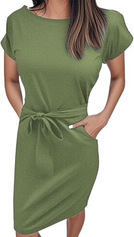 Women's Summer Striped Short Sleeve T Shirt Dress Casual Tie Waist with Pockets Travel Dress in Saudi Arabia