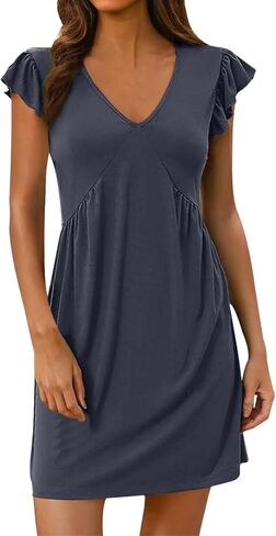 Summer Women's Casual Beach Dress Loose Fit Deep V Neck Mini Dress with Ruffled Sleeves T Shirt Casual Dresses in Saudi Arabia
