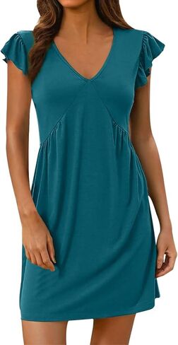 Summer Women's Casual Beach Dress Loose Fit Deep V Neck Mini Dress with Ruffled Sleeves T Shirt Casual Dresses in Saudi Arabia