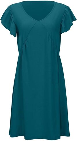 Summer Women's Casual Beach Dress Loose Fit Deep V Neck Mini Dress with Ruffled Sleeves T Shirt Casual Dresses in Saudi Arabia