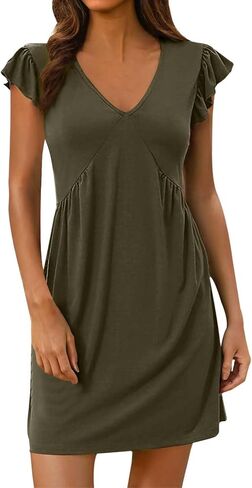 Summer Women's Casual Beach Dress Loose Fit Deep V Neck Mini Dress with Ruffled Sleeves T Shirt Casual Dresses in Saudi Arabia